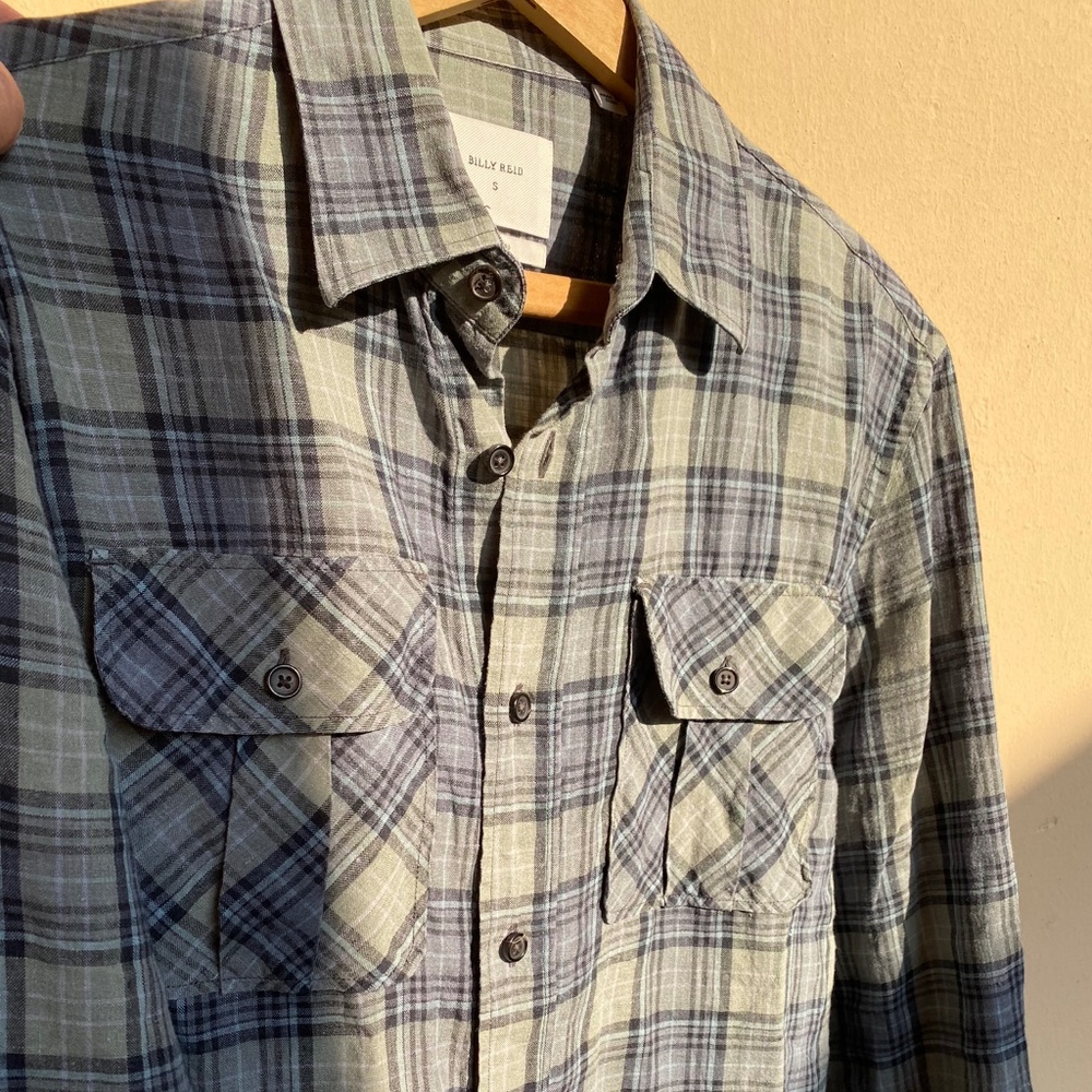Billy Reid Green-and-Blue Plaid Long Sleeve Button Down, Size Small